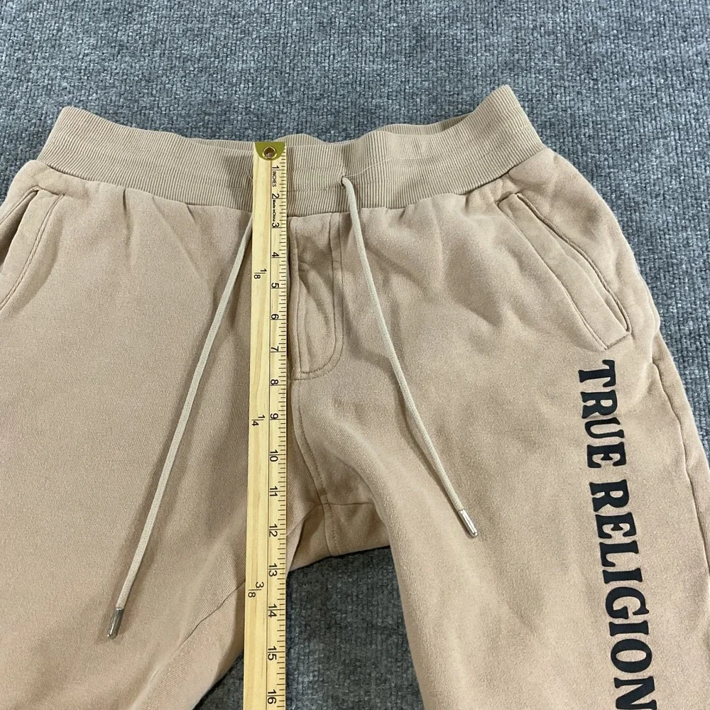 True Religion Mens Sweat Shorts Medium Beige Logo Drawstring Fleece Lounge M